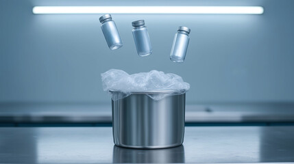 Glass vial laboratory sterile stainless steel container plastic liner floating high speed capture above clean bench