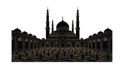 Naklejka premium Islamic mosque silhouette with praying people, Muslim congregation in courtyard, EPS vector isolated on White Background