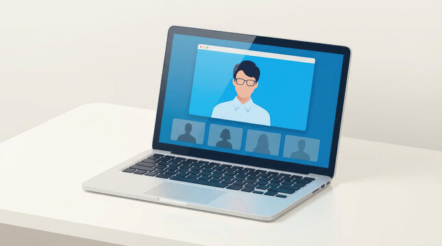 Laptop displays a video call with multiple participants visible on a blue screen with a person in the main window