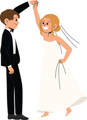 Smile bride and groom dancing together, marriage couple first dance at wedding celebration illustration