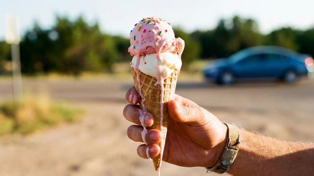 A close-up shot of a hand holding a melting ice cream cone with vibrant colors.