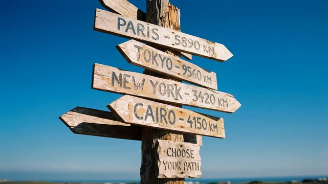 An old wooden signpost points toward the world's most sought-after cities, inviting travelers and dreamers. Travel anywhere