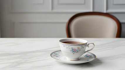 Obraz premium Classic tea cup on marble table in bright interior, cozy lifestyle with calm atmosphere