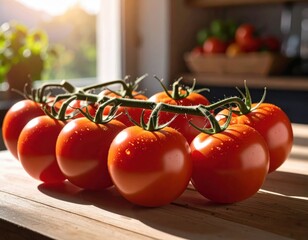 Fresh red tomatoes on vine with water droplets on rustic wooden table