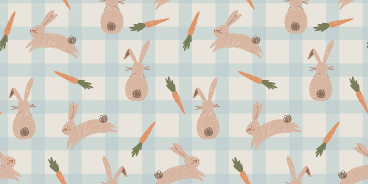 Easter seamless pattern with cute bunnies and carrots on gingham check background, hand drawn crayon style nursery wallpaper