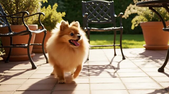 Happy Pomeranian Dog Enjoying Sunny Day on Patio.