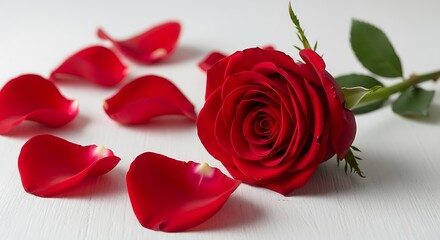Red rose with scattered petals on white surface rose petals white background flower green leaves