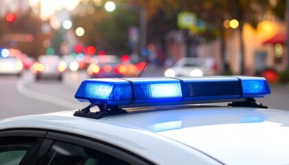 A close-up view of a police car's blue lightbar, surrounded by blurred city traffic and lights