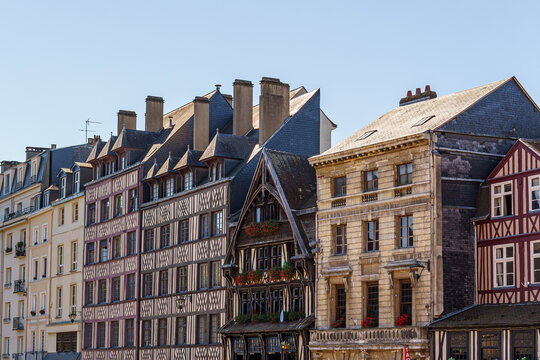 Famous old houses on the old market square in the city of Rouen, France. The houses are historical with different facades