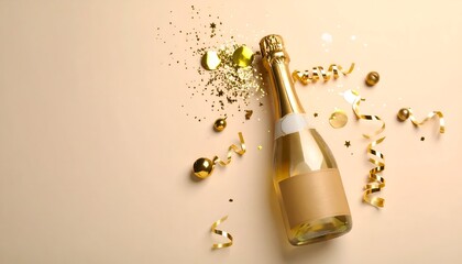 A champagne bottle surrounded by gold confetti and decorative elements on a soft background