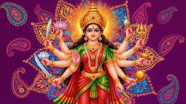 Hindu Goddess Durga Maa Digital Illustration Vibrant Paisley Background