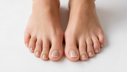 Close-up of female feet with neat French pedicure on toenails, isolated on white background. Clean and well-groomed foot care concept