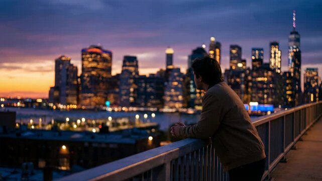 A solitary individual stands on a bridge, gazing at a stunning skyline illuminated by the enchanting twilight, pondering, and appreciating the expansive urban scene.