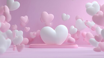 Romantic scene of floating hearts in pastel colors with a central heart on a pink platform, perfect for love and affection themes