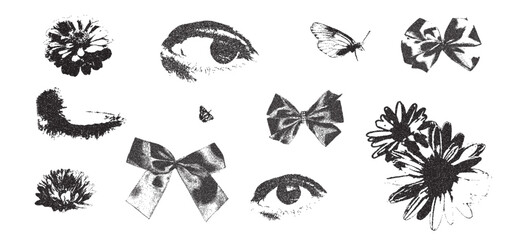 Fototapeta premium Bow, eyes, flowers photocopy vintage collage. Ribbon, daisy, butterfly halftone effect set. Dotted stippling black grunge elements. Vector y2k gritty retro coquette shapes isolated no bg.