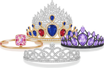 Isolated a kinds of deferent realistic Princess Diadem, Tiara isolated on white. 3d render vector art with white background. © Akhi