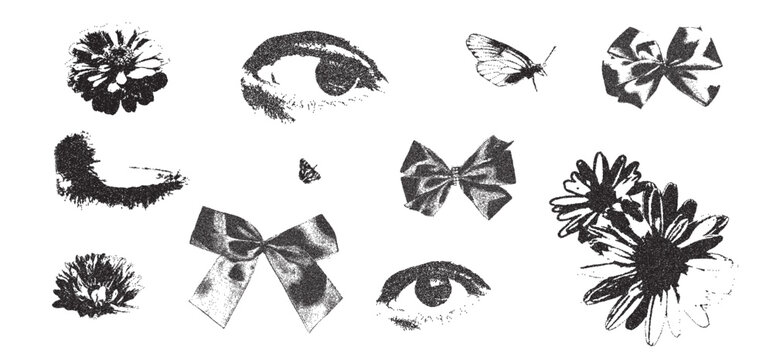 Bow, eyes, flowers photocopy vintage collage. Ribbon, daisy, butterfly halftone effect set. Dotted stippling black grunge elements. Vector y2k gritty retro coquette shapes isolated no bg.