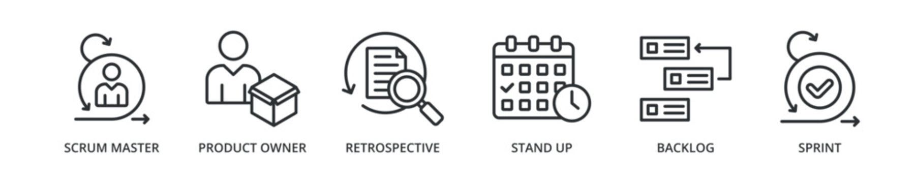 Scrum banner icon with scrum master, product owner, retrospective, stand up, backlog, sprint