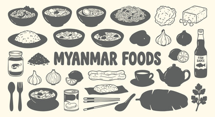 Vector collection of Myanmar cuisine with hand drawn mohinga, tea leaf salad and noodles in a doodle style. An icon set for a restaurant menu, travel guide and Southeast Asian food branding.