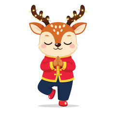 Fototapeta premium Cute cartoon deer in traditional Chinese attire doing a yoga pose with festive lights.