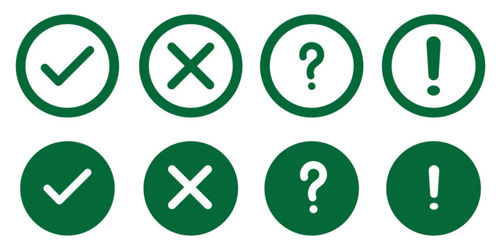 Green check and red cross symbols, blue question mark and yellow exclamation point, round thin line vector signs, solid circle icons set stock illustration
Check Mark, Icon Symbol, Crossing, Examining