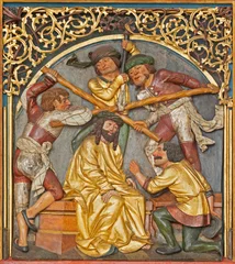 Fotobehang Jezus Christus Salzburg - The detail of Crovning with Thorns from carved polychrome late Gothic altar in the church of Benediktinerinnenabtei Nonnberg probably by Veit Stoss (1445–1533)  © Renáta Sedmáková