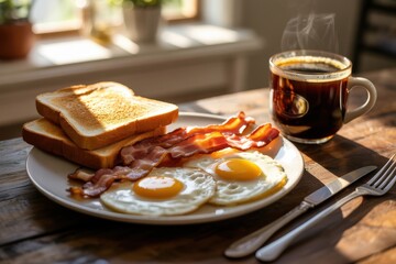 Breakfast plate with eggs bacon toast and coffee