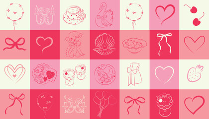 Valentine day red icons. Hand drawn love hearts. Vector illustration. Heart in red color, party icon for design. Love, romance hearts. Vector icons. Heart love symbol, bows. For gifts, Valentine's Day