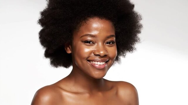 Woman with afro hair and glowing skin smiles