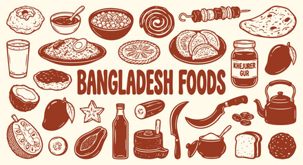 Bangladesh food icons set of hand drawn biryani, kebab and roti in a vintage brown sketch style. A vector collection for a restaurant menu, travel guide and South Asian culinary branding.