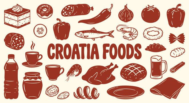 Hand drawn Croatia culinary doodles featuring kulen sausage, fish and chicken in a red sketch style. A vector illustration set for a restaurant menu, travel guide and European food branding.