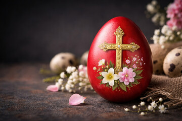 Easter egg with cross and flowers on dark background. Religious Pascha holiday concept.