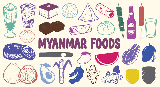 Myanmar food icons set of hand drawn traditional dishes and snacks in a colorful doodle style. A vector collection for a restaurant menu, travel guide and Southeast Asian culinary branding.