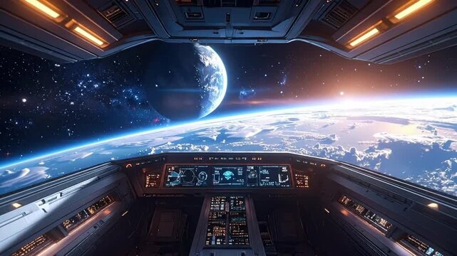 Futuristic spaceship cockpit view overlooking a vibrant blue planet and distant stars.