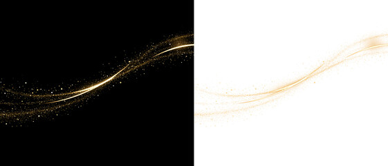 Golden glitter wave with sparkling particles flowing on dark and light background. PNG image of Swirling golden glitter dust particles forming abstract circular trails. © Ihor Nemynushchyi