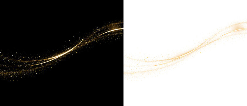 Golden glitter wave with sparkling particles flowing on dark and light background. PNG image of Swirling golden glitter dust particles forming abstract circular trails.