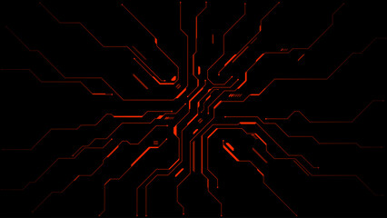 Fototapeta na wymiar Glowing red electronic pathways on dark background. Futuristic digital network with bright lines, abstract technology pattern for cyber concepts and modern graphic designs. Digital vector background.