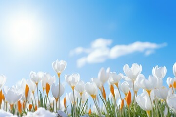 Fototapeta premium Crocus flowers emerging through snow, signaling spring amidst a bright blue sky