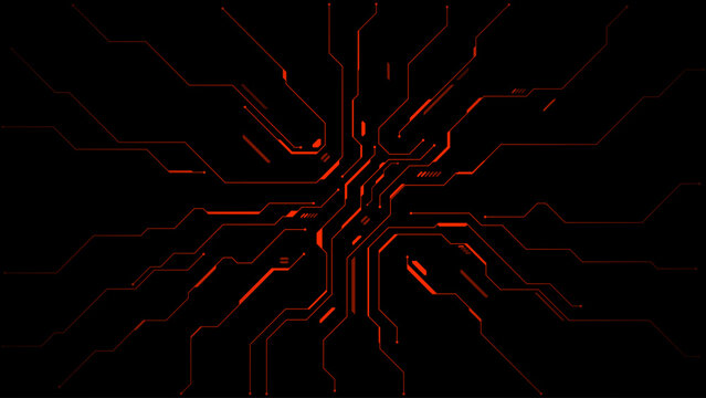 Glowing red electronic pathways on dark background. Futuristic digital network with bright lines, abstract technology pattern for cyber concepts and modern graphic designs. Digital vector background.