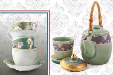 Modern tile surface illustration with subtle quartz textures and refined veining for decor-focused visuals, green pastel colored cup and kittle. Mockup. 3D Rendering