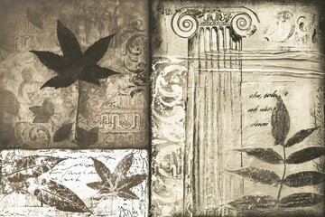 Tile slab design with subtle marble veins and polished finish, with aesthetic flower leaves and vintage print for modern interior decor concepts. Mockup. 3D Rendering