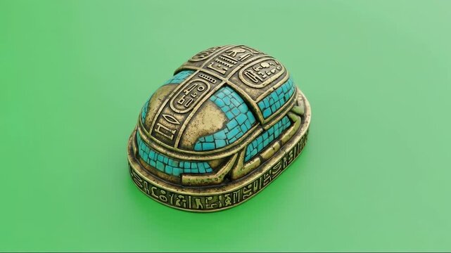 Ancient Egyptian Scarab Beetle Amulet with Hieroglyphs and Turquoise Inlays on a Green Background.