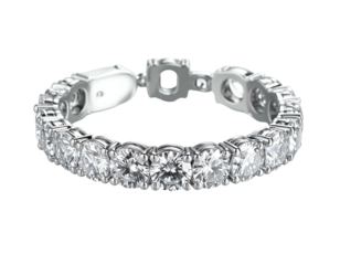 Gleaming band adorned with numerous sparkling, faceted gemstones on a plain backdrop