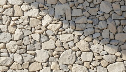 A high-angle view of a stone wall made of small, light-colored rocks in a natural outdoor setting