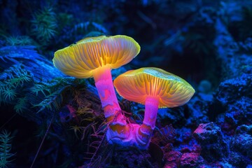 Naklejka premium Fluorescent mushrooms illuminating dark magical enchanted forest at night