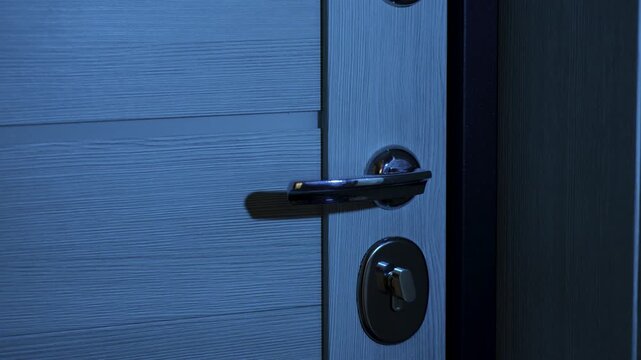 A close-up of a modern door handle shaking or moving in the dark, suggesting an intruder or an unknown person attempting to enter. A concept for home security, horror, or suspense