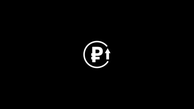 Abstract decrease icon on black background. Ruble rate up looped icon. white reduce costs sign and symbol.