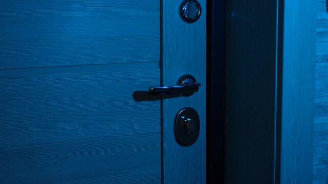 A close-up of a modern door handle shaking or moving in the dark, suggesting an intruder or an unknown person attempting to enter. A concept for home security, horror, or suspense