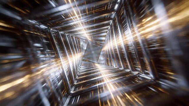 Cube frame tunnel structure extending into depth with warm lights