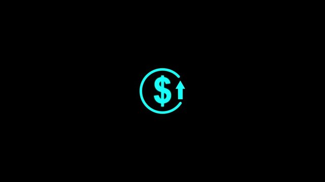 Abstract decrease icon on black background. Dollar rate up looped icon. Reduce costs sign and symbol.
